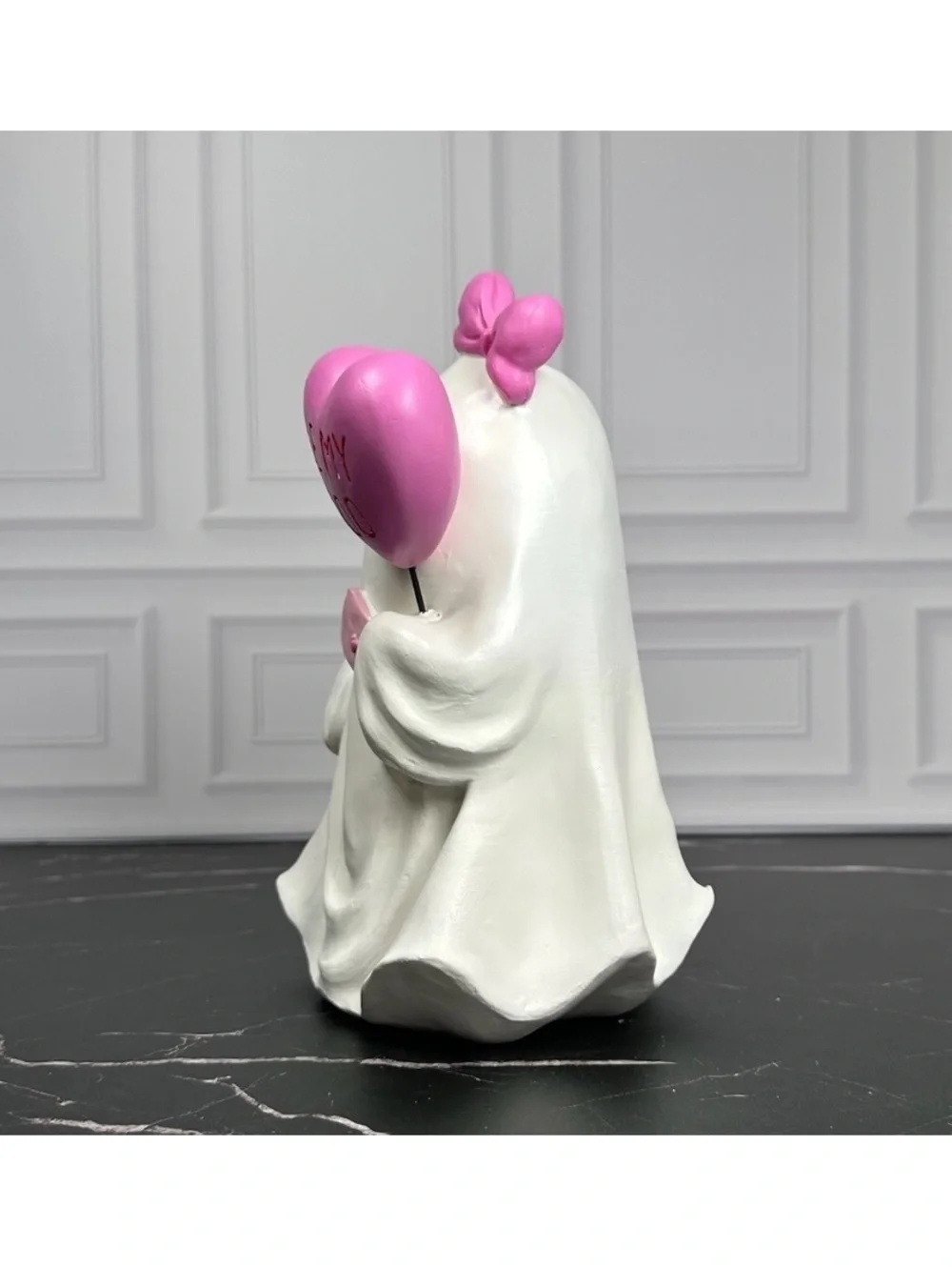 Cute Ghost Figurine Holding Pink Heart Balloon with 
